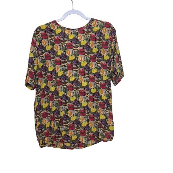 FLAX Linen Pumpkin Print Short Sleeve Blouse Women S Yellow Multi Lagenlook - Picture 2 of 7